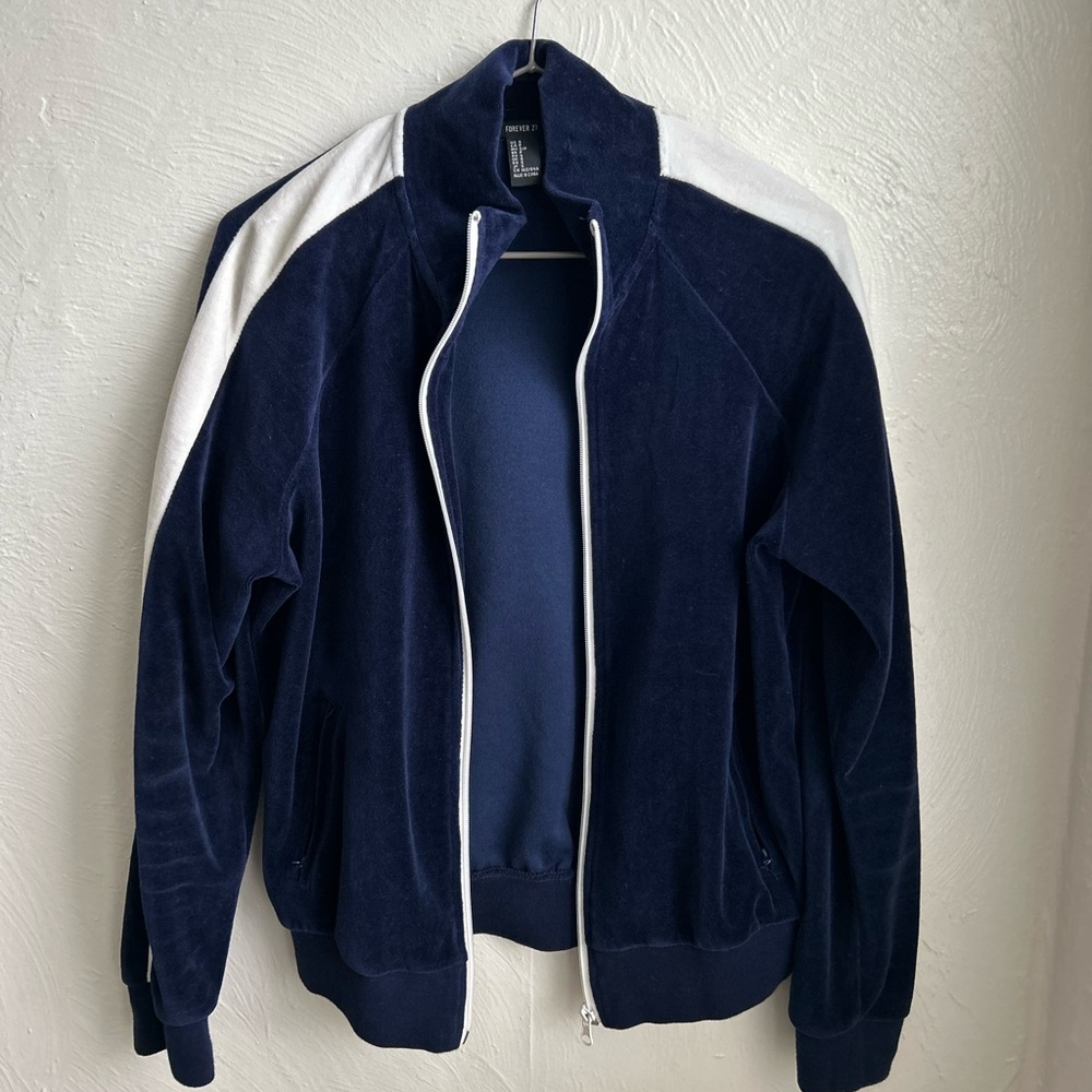 Velour Navy Blue Tracksuit - velvety plush varsity track jacket